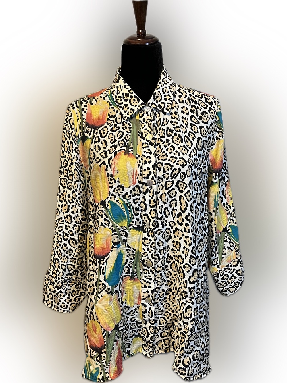 Multiples Black & White Leopard Print Abstract Floral Blouse size M